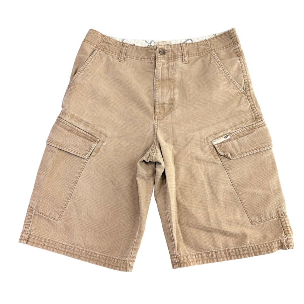 Vans Mens 30 Tan Cargo‎ Shorts Embroidered Back Graphic Cotton Skater Y2K Retro